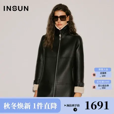 恩裳COVER2023冬季新款直身帅气皮毛一体中长款分割设计皮衣外套商品大图