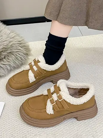 英伦风小皮鞋加绒羊羔棉鞋子女2023新款冬季厚底复古加厚毛毛棉鞋商品大图