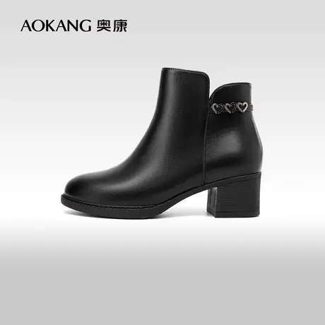 奥康真皮妈妈鞋短靴冬季新款中年舒适加绒加厚保暖棉鞋粗跟女鞋图片