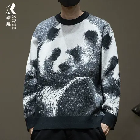 希越国风熊猫印花毛衣宽松大码男士打底针织衫秋冬新款套头上衣潮商品大图