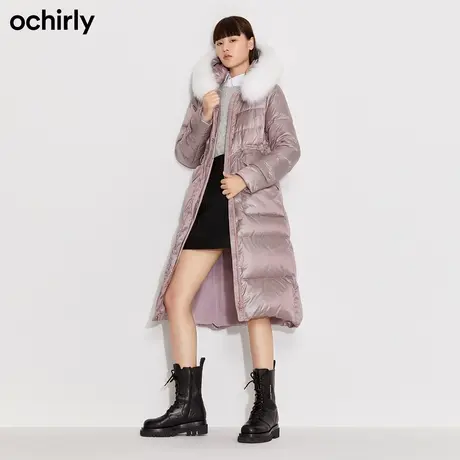 【七七酱专享】欧时力新款秋冬时尚狐狸毛领中长亮面羽绒服大衣女图片