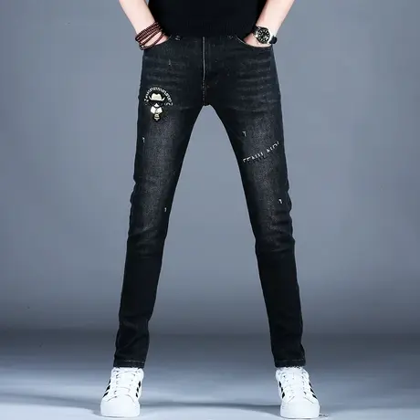 男士新款牛仔裤子时尚修身刺绣精致小脚裤2023秋季厚款棉弹潮牌男商品大图