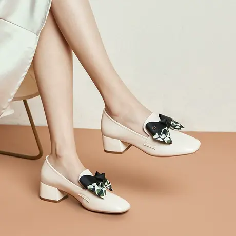 2023春季新款里外全皮乐福鞋方头稳健粗跟浪漫蝴蝶结搭配优雅气质图片