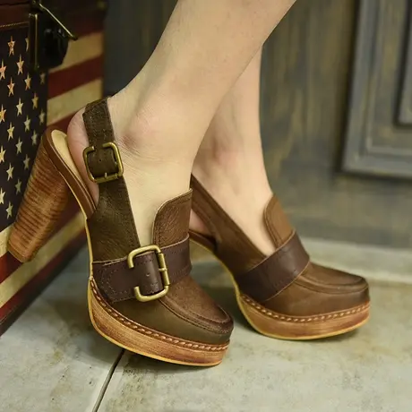 Artmu阿木原创新款复古粗高跟真皮包头凉鞋防水台皮带扣女鞋后空商品大图