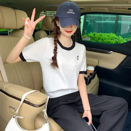 唐狮新款女短袖T恤简约风撞色设计圆领短袖上衣设计感辣妹上衣yd2商品大图