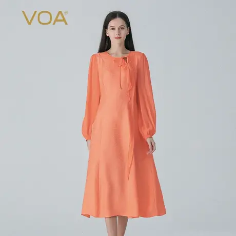 VOA桑蚕丝提花暗纹柚橙色圆领灯笼长袖拼接乔其荷叶边真丝连衣裙图片