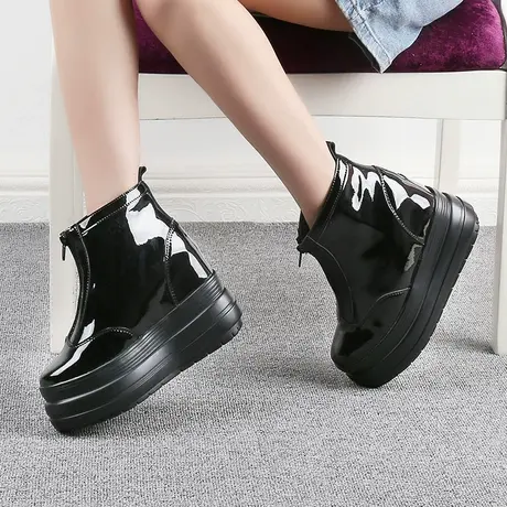 高帕妃短靴女冬季加绒内增高雪地靴10CM亮面漆皮厚底切尔西棉靴子图片