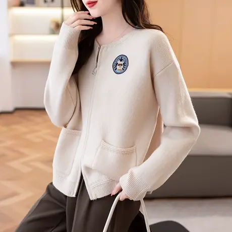 2023秋冬新款韩版宽松圆领拉链衫棒球服纯色长袖针织衫开衫外套女商品大图