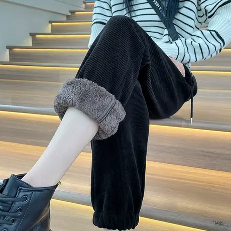 加绒灯芯绒哈伦裤女冬季新款高腰显瘦大码宽松直筒加厚羊羔绒裤子商品大图