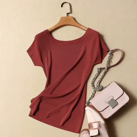 短袖t恤女装2024春夏新款冰丝针织衫女套头韩版修身打底衫女上衣商品大图