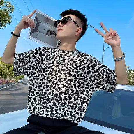 夏季男士潮流时尚高级豹纹设计感重工短袖休闲凉感圆领花色体恤商品大图