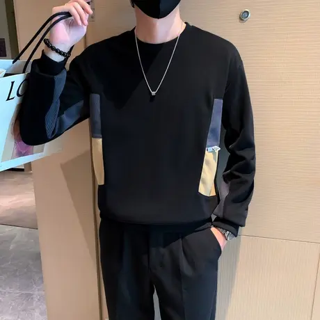 秋冬季轻熟圆领卫衣男撞色拼接设计感ins宽松休闲长袖打底上衣T恤商品大图
