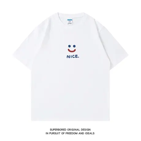 简约nice笑脸印花短袖t恤男青少年夏季纯棉潮流情侣宽松圆领半袖商品大图
