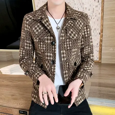 秋冬帅气青年格子毛呢夹克男士潮牌休闲褂子上衣韩版修身呢子外套商品大图