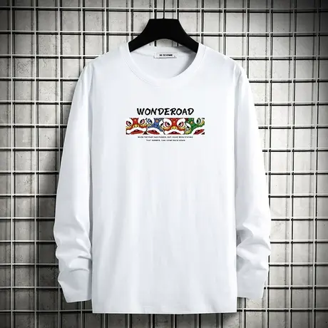 国潮t恤男士长袖纯棉白色上衣服秋季潮流全棉圆领打底衫内搭秋衣商品大图