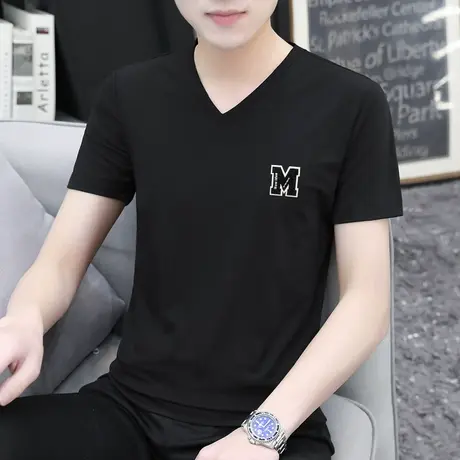 莫代尔短袖t恤男装V领上衣服潮流夏季冰丝速干凉感半袖黑色打底衫商品大图