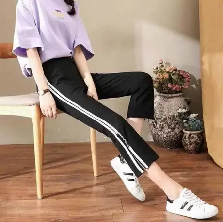 黑色高腰九分裤女夏季款人气直筒休闲弹力微喇下摆字母外穿侧白条商品大图