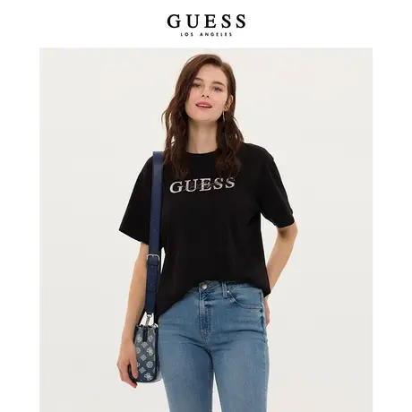 GUESS女宽松柔软舒适烫钻纯棉圆领正肩T恤上衣-W3PP52K2Q40商品大图