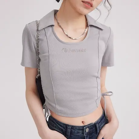 尔给y2k千禧风甜辣鱼骨别致方领短款上衣女夏季修身收腰短袖t恤图片