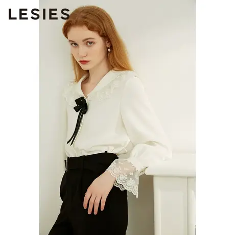 LESIES蓝色倾情春秋装新蝴蝶结娃娃领百搭设计感衬衫淑女上衣图片