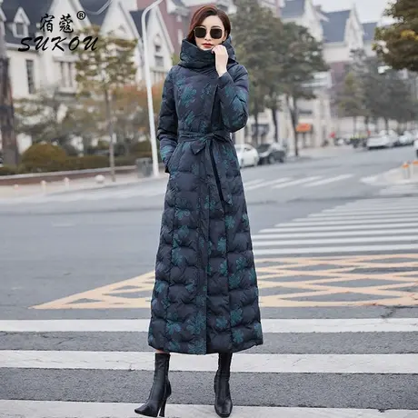 气质连帽长款羽绒服女2024冬新款爆款显瘦过膝到脚踝白鸭绒外套图片