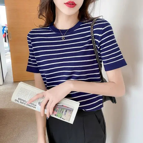 2020年新款夏季条纹冰丝短袖T恤圆领上衣女针织衫修身显瘦短款潮图片