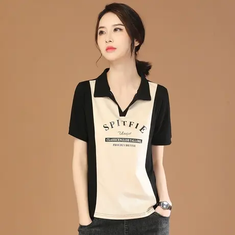 韩潮袭人拼接撞色字母印花短袖T恤休闲正肩POLO衫上衣图片