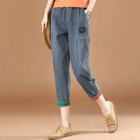韩潮袭人松紧腰宽松七分牛仔裤女2024夏新款休闲拼接显瘦哈伦裤薄商品大图