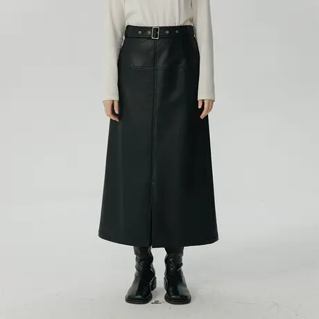 omont蛋挞家黑色高腰皮裙半身裙女秋冬2023新款中长款a字裙长裙子图片