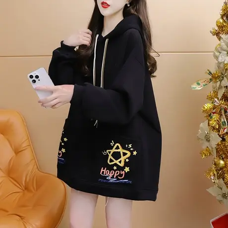 加绒加厚连帽卫衣女中长款2023新款秋冬爆款慵懒风宽松设计感外套商品大图