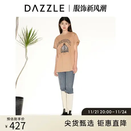 DAZZLE地素奥莱 春夏复古通勤圆领航海刺绣印花卡其短袖T恤女图片
