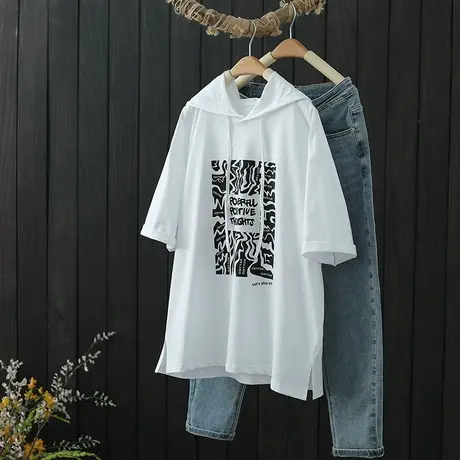 夏季新品棉质连帽印花T恤女宽松显瘦短袖上衣设计感小众半袖t恤衫商品大图