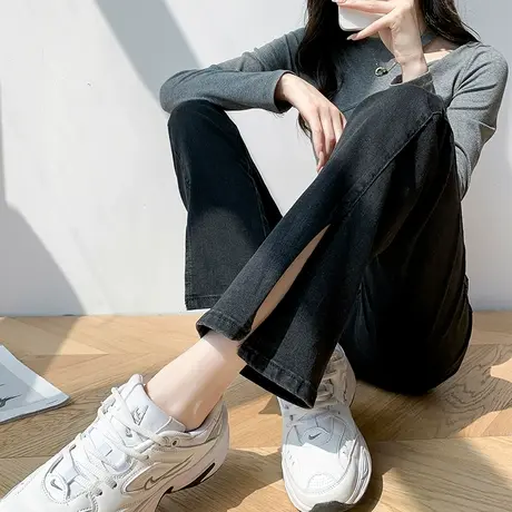 开叉牛仔裤女直筒宽松春秋2023年新款高腰显瘦分叉黑色长裤ins潮图片