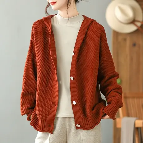 dza 复古棉线V领针织开衫女士秋冬连帽毛衣外套宽松休闲长袖上衣图片