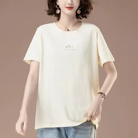 夏季全棉短袖t恤女新款加肥加大码女装宽松休闲圆领减龄显瘦上衣商品大图