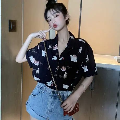 衬衫女2020韩版宽松复古港味设计感小众轻熟洋气百搭方领法式上衣图片