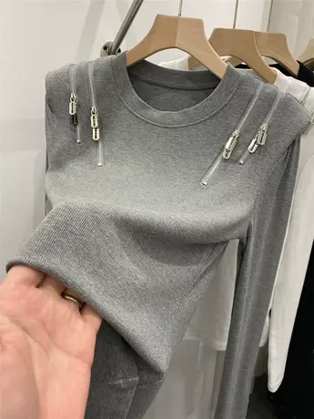 欧货设计感拉链垫肩螺纹长袖T恤女2022春新款洋气打底衫体恤上衣图片