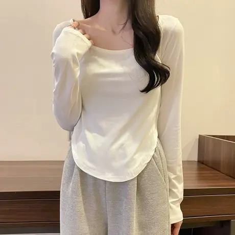 白色长袖打底小衫女早春2024年新款修身内搭T恤短款别致小上衣ins商品大图