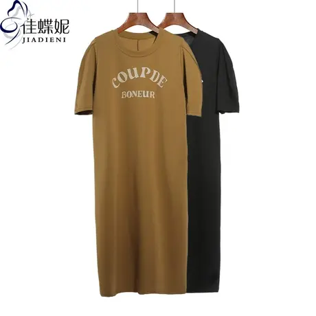 夏季新款圆领宽松纯棉印花泡泡袖休闲长款打底内搭短袖连衣裙女装图片