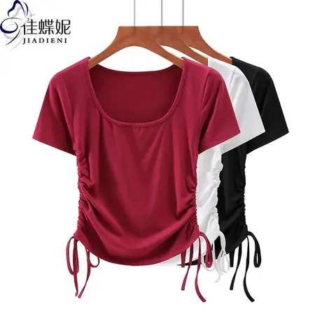 夏季新款韩版圆领修身短款抽绳纯欲纯白纯色短袖体恤上衣内搭女商品大图