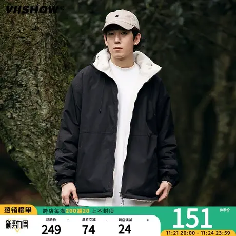 VIISHOW连帽仿羊羔绒棉衣男冬季加绒加厚棉服宽松双面穿工装外套图片