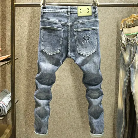 蓝灰色烫印工艺修身牛仔裤男款秋季潮流百搭小脚裤ins潮牌长裤商品大图