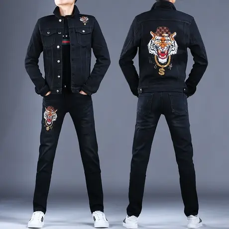 黑色刺绣牛仔套装男潮轻奢高端潮牌夹克男士上衣外套2023新款秋冬图片
