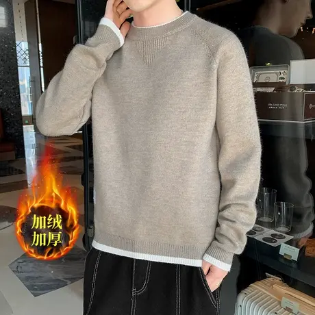 2023年秋冬季新款潮流圆领羊毛衫男士加绒加厚男装学生字母毛衣男商品大图