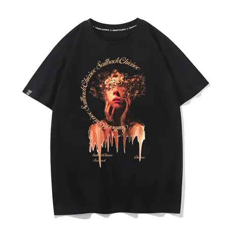 秀洛美式复古潮牌人像印花纯棉t恤男女嘻哈亚比风暗黑系短袖上衣商品大图