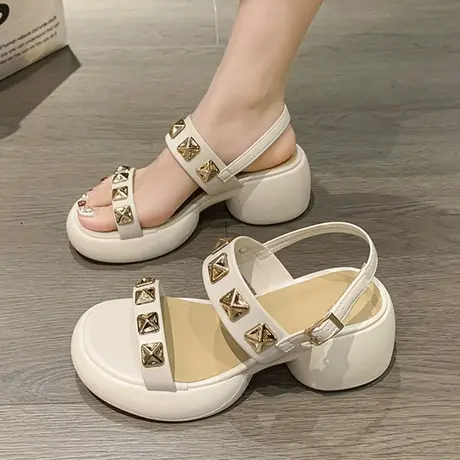 仙女风露趾厚底松糕一字带凉鞋女2023新款夏季铆钉高跟粗跟罗马鞋商品大图