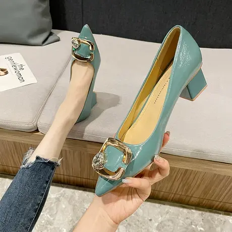2024年春季新款方扣水钻百搭高跟鞋女粗跟性感仙女风尖头职业单鞋商品大图
