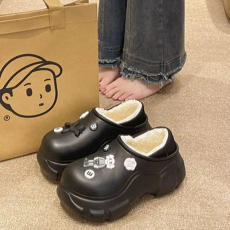 厚底增高棉拖鞋女冬季可爱芝麻街室内加绒保暖防水包跟棉鞋可外穿商品大图