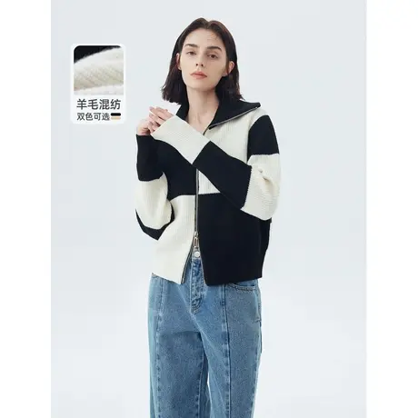 朗姿纯羊毛设计感polo领别致小众独特秋冬奥莱毛针织衫女开衫外套图片
