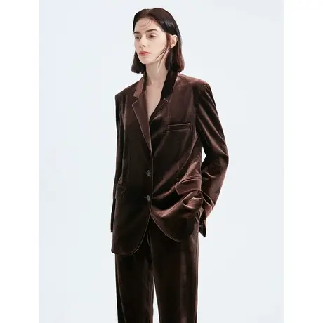 朗姿丝绒西装外套女高级感小众摩登复古秋冬奥莱气质职业西服上衣图片
